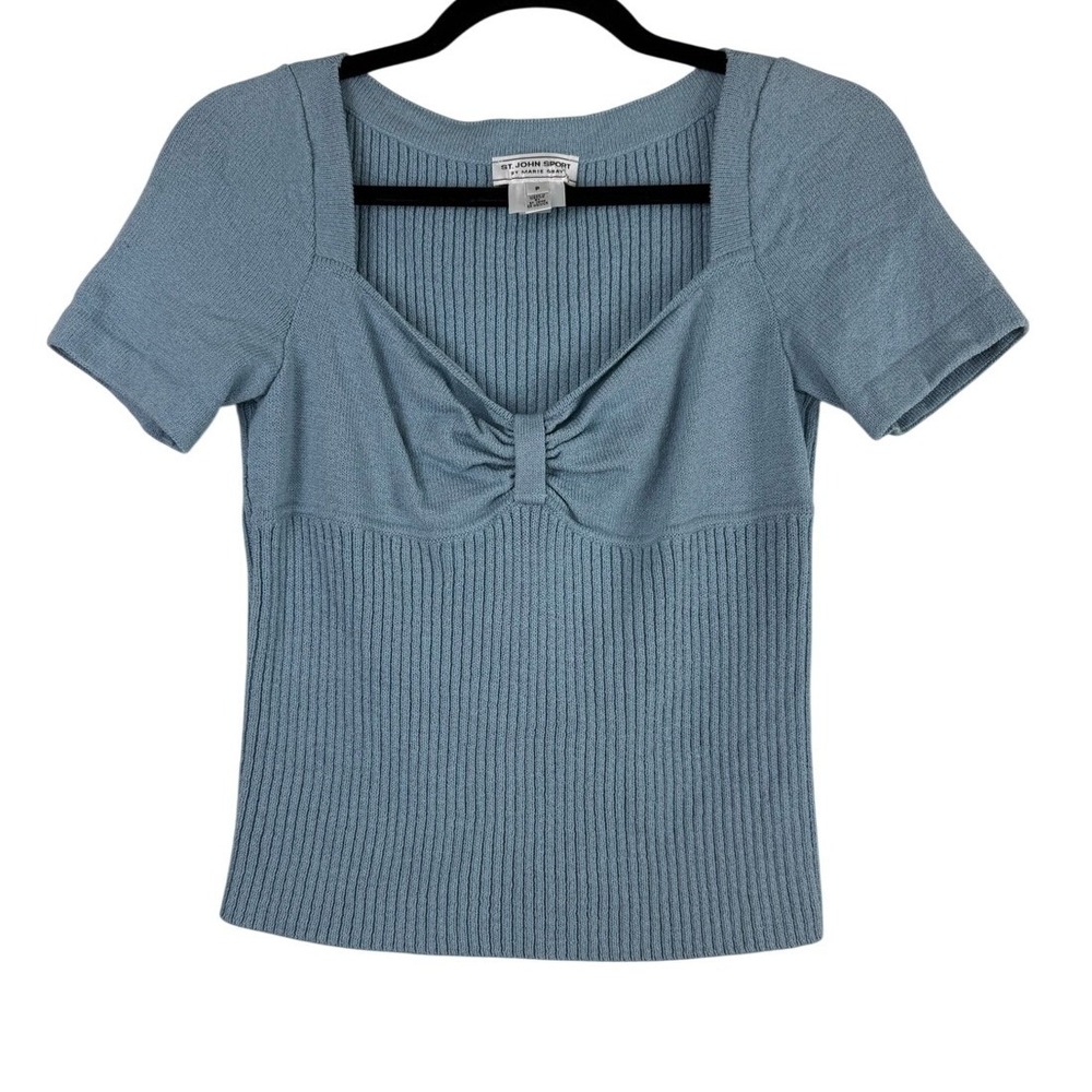 St. John Sport Marie Gray Wool Blend Short Sleeve Blouse Blue Small Twee